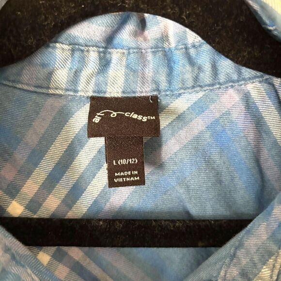 Art Class Shirt Girls Large 10/12 Blue Plaid Long Sleeve Button Front Pocket Top - Picture 3 of 7